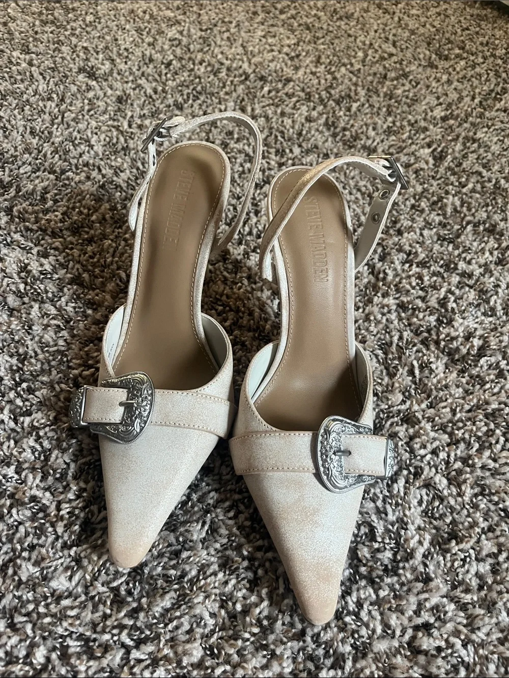Steve Madden Delilah Cream Pointed Toe Slingback Heels with Silver Buckle